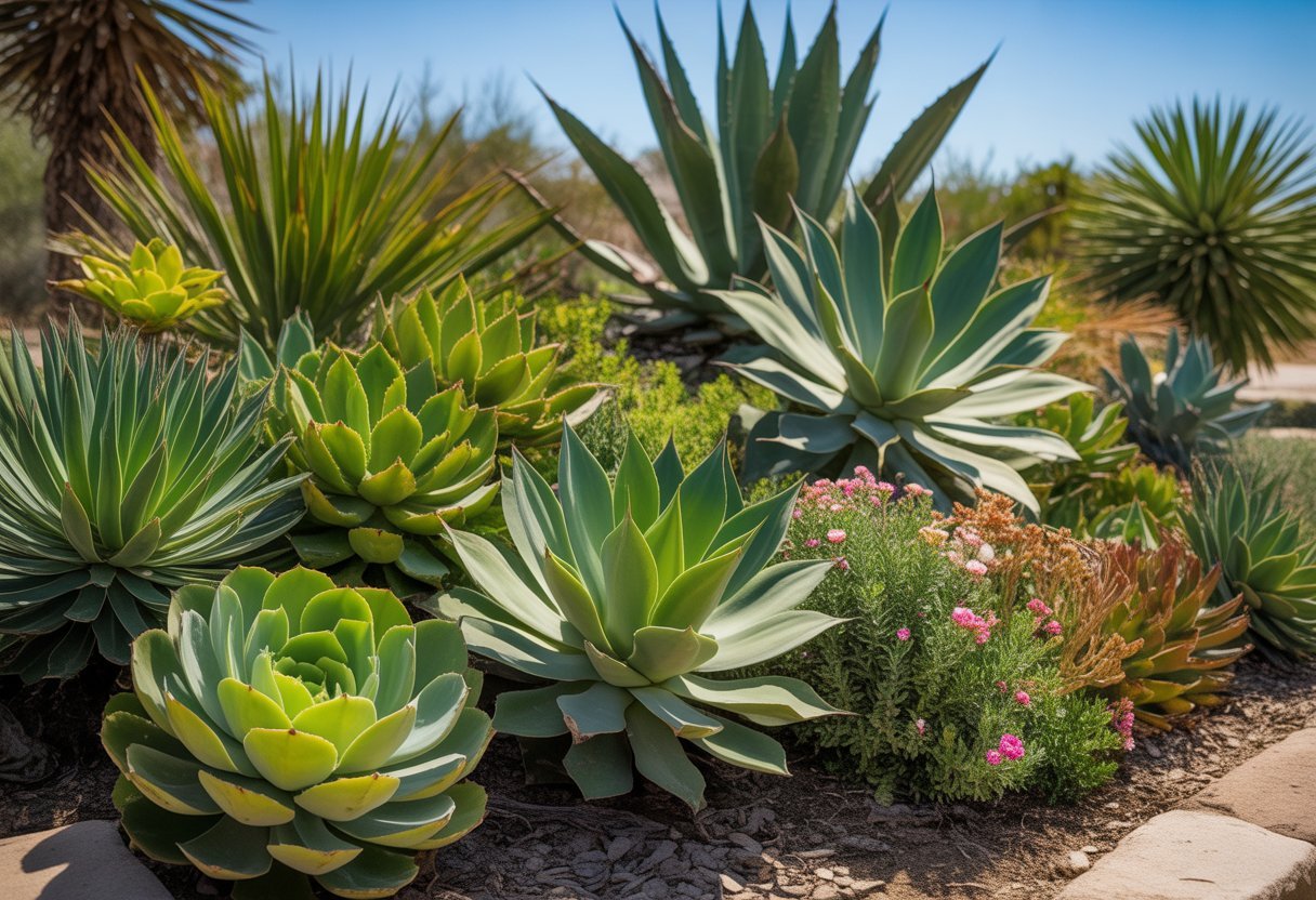 A bright garden bed with various drought-tolerant succulents, agave plants, and colorful sun-loving perennials under clear blue sky.