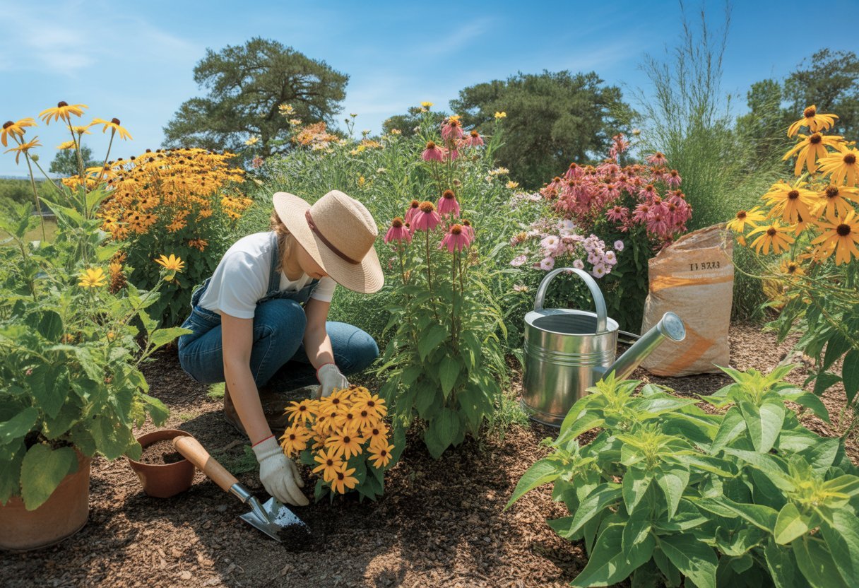 A gardener tending to sun-loving perennial plants in a bright, healthy Texas garden filled with colorful flowers and greenery.