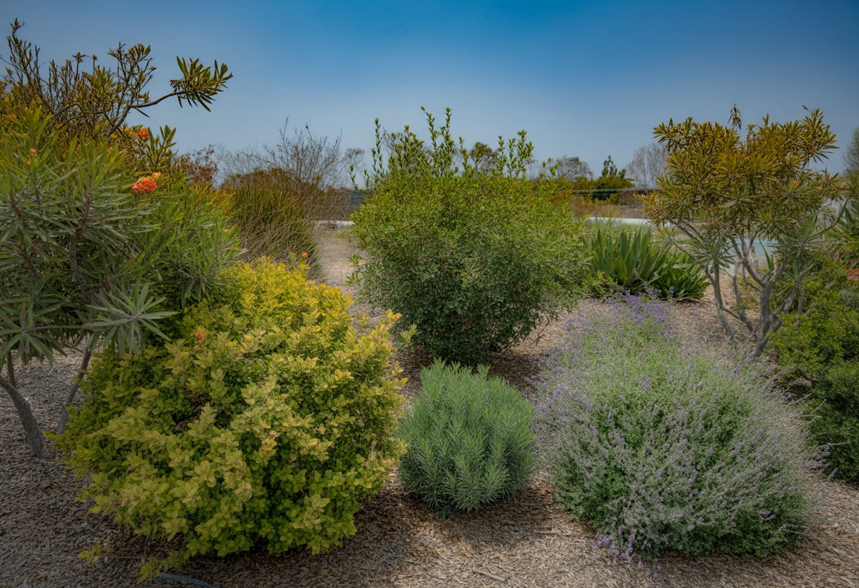 A sunlit garden with various healthy low-maintenance shrubs native to California, showing green foliage and small flowers in a dry climate landscape.