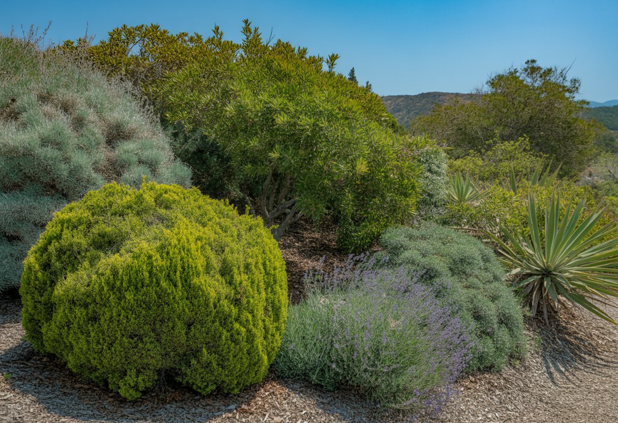 A sunny California garden with healthy low-maintenance shrubs and gravel pathways under a clear blue sky.