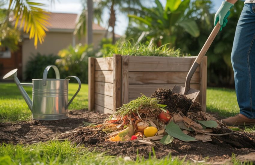 A backyard garden in Florida with a wooden compost bin filled with organic materials and a person turning the compost with a pitchfork surrounded by tropical plants.