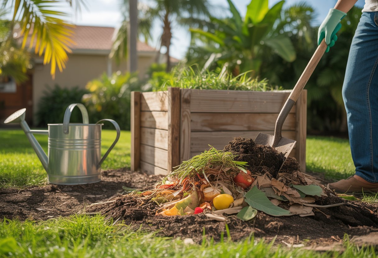 A backyard garden in Florida with a wooden compost bin filled with organic materials and a person turning the compost with a pitchfork surrounded by tropical plants.