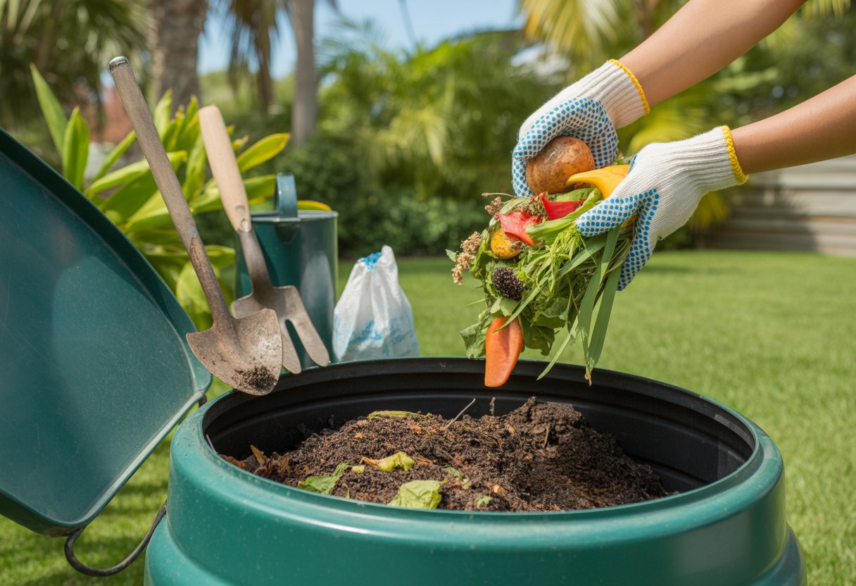 A person adding organic waste to a compost bin in a sunny backyard garden with palm trees and gardening tools nearby.