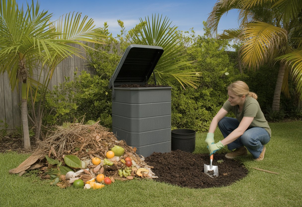 A person inspecting a compost bin in a sunny Florida backyard garden surrounded by tropical plants and compost materials.