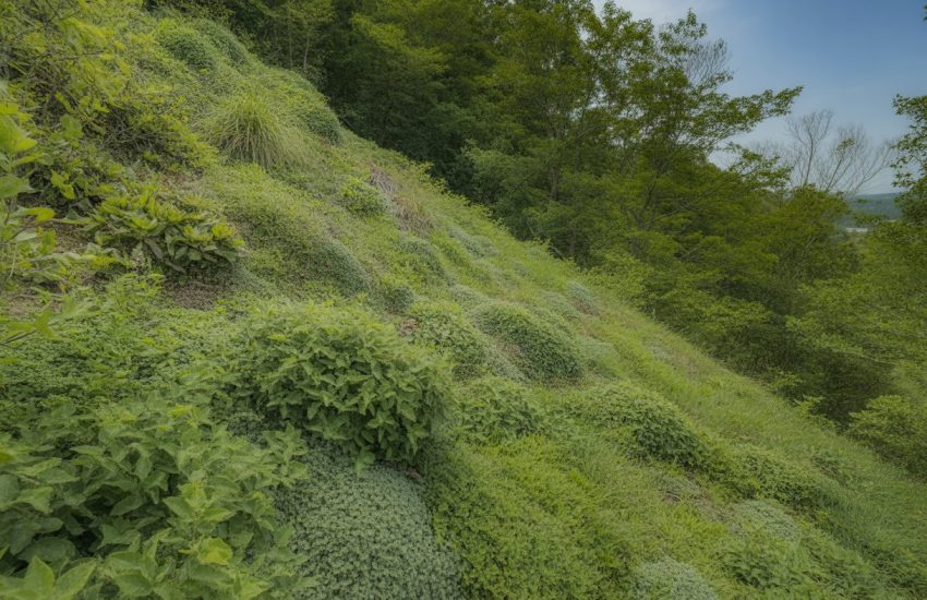 Steep hillside in Virginia covered with dense green ground cover plants and vegetation under a clear sky.