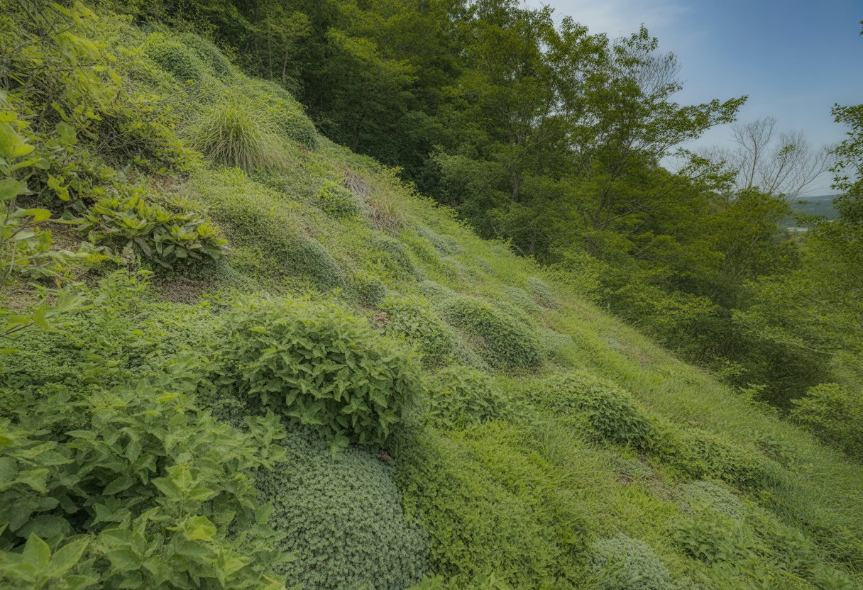 Steep hillside in Virginia covered with dense green ground cover plants and vegetation under a clear sky.