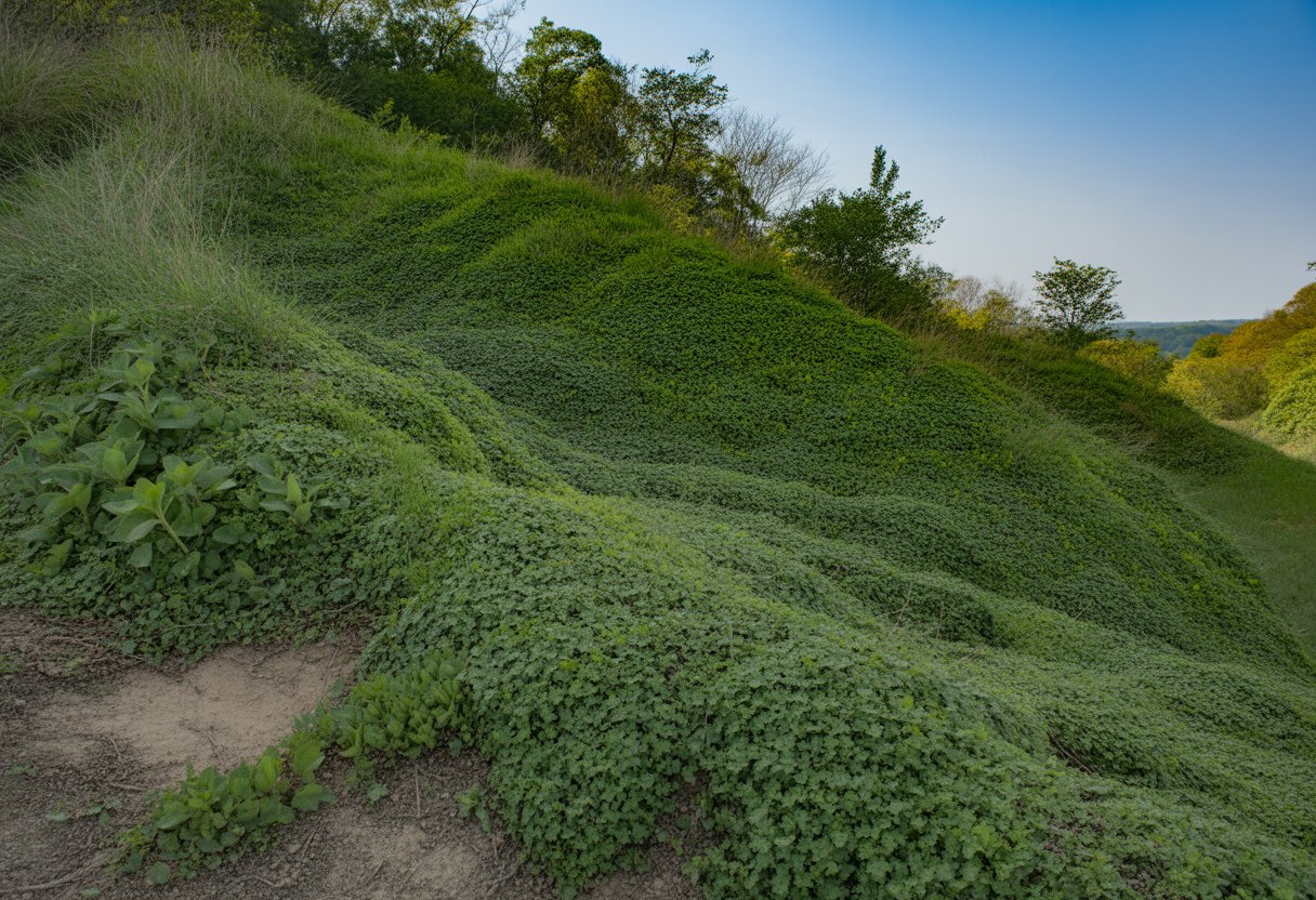A steep hillside in Virginia covered with dense green ground cover plants to prevent soil erosion.