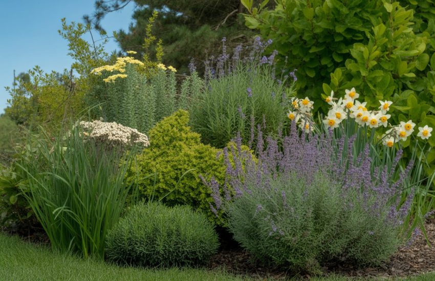 A sunny garden bed in Michigan filled with various healthy deer-resistant plants including lavender, boxwood shrubs, yarrow, and daffodils.