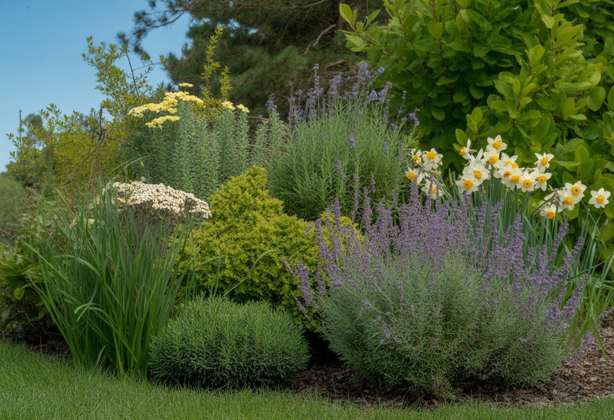A sunny garden bed in Michigan filled with various healthy deer-resistant plants including lavender, boxwood shrubs, yarrow, and daffodils.