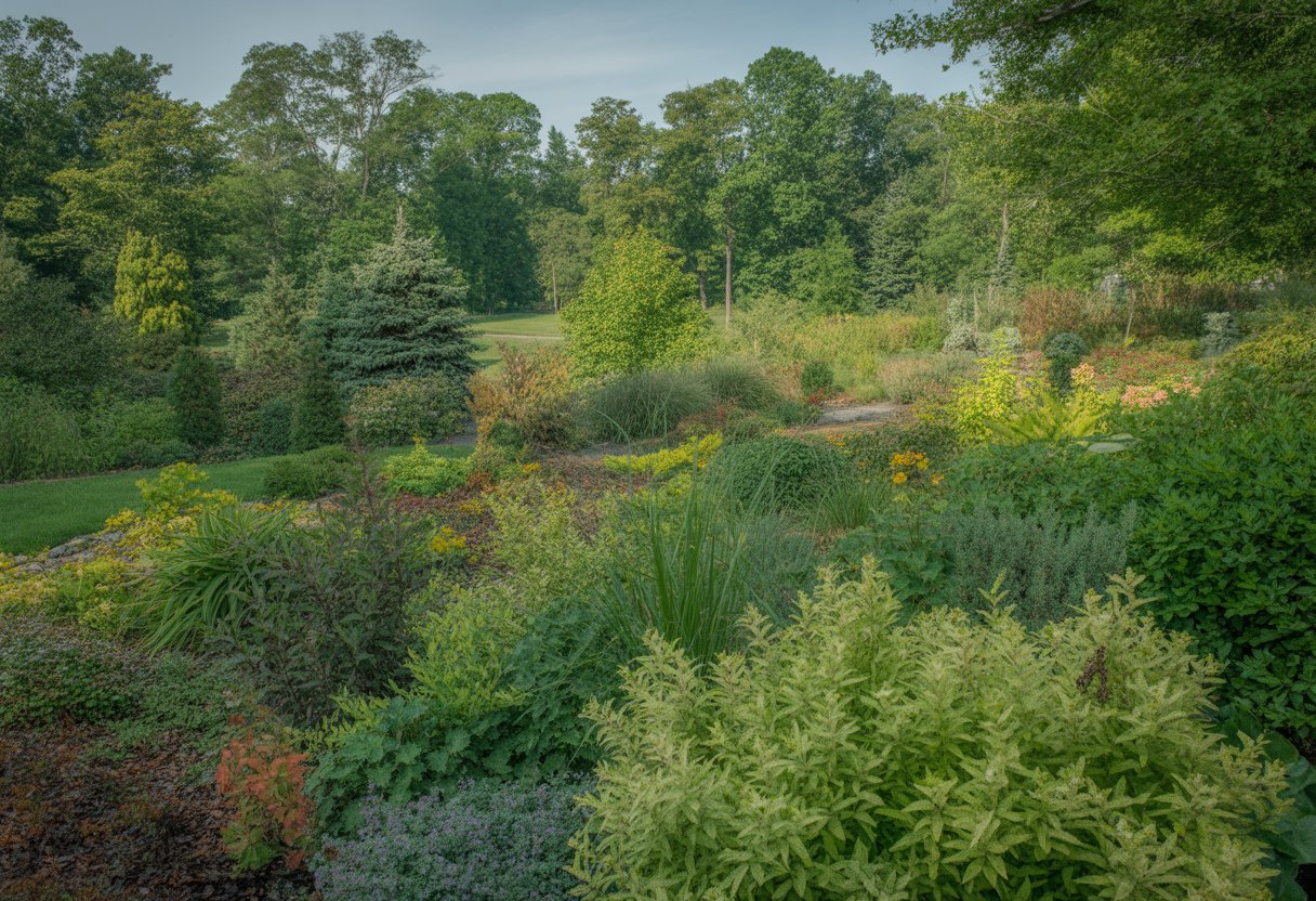 A garden with a variety of deer-resistant plants and trees in a Michigan landscape under soft sunlight.