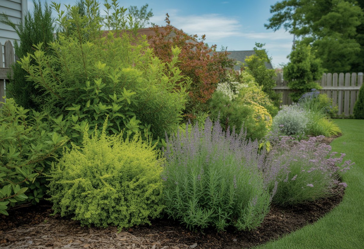 A healthy Michigan garden with deer-resistant plants like lavender and yarrow, surrounded by green shrubs and a wooden fence under a clear sky.