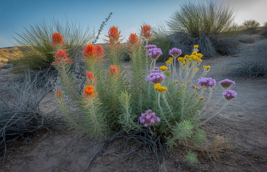 A cluster of colorful wildflowers growing in dry desert soil with sparse shrubs and a clear blue sky in the background.