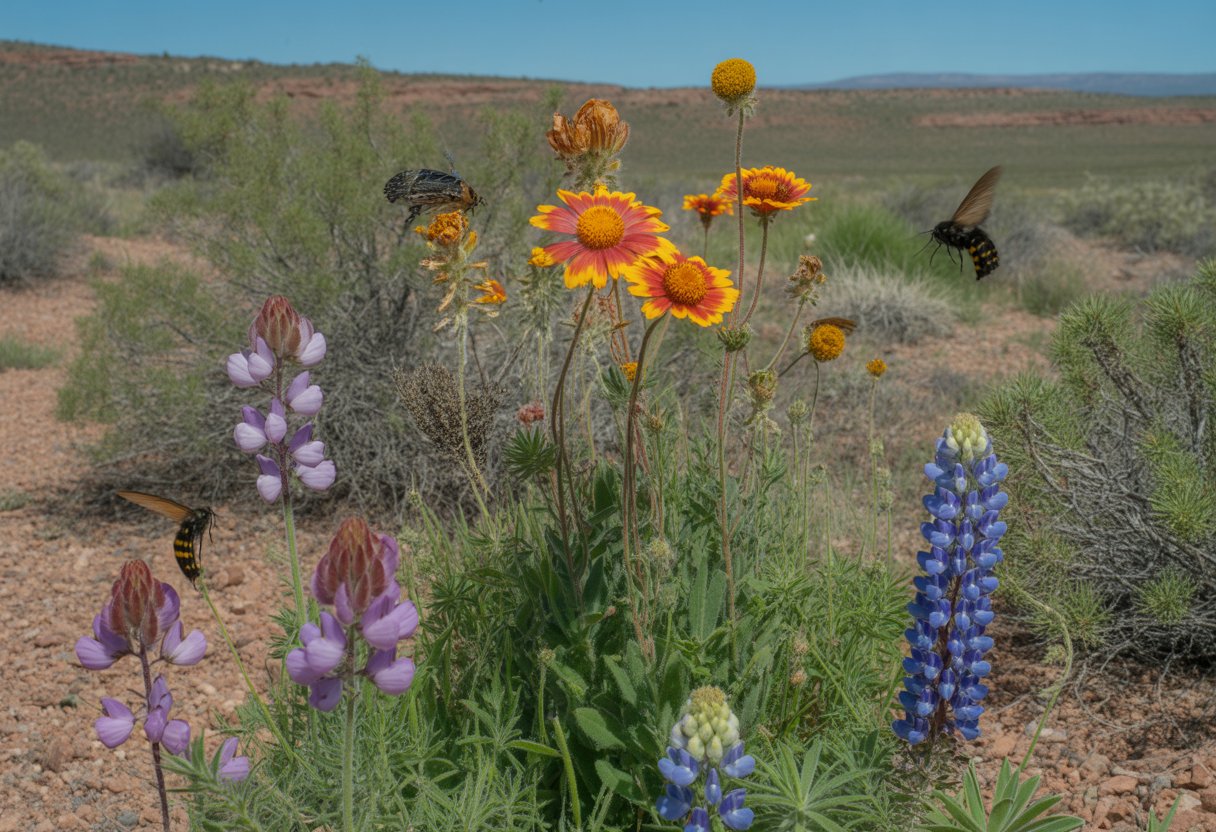 A field of colorful drought-tolerant wildflowers in a dry New Mexico landscape with bees, butterflies, and hummingbirds visiting the flowers.