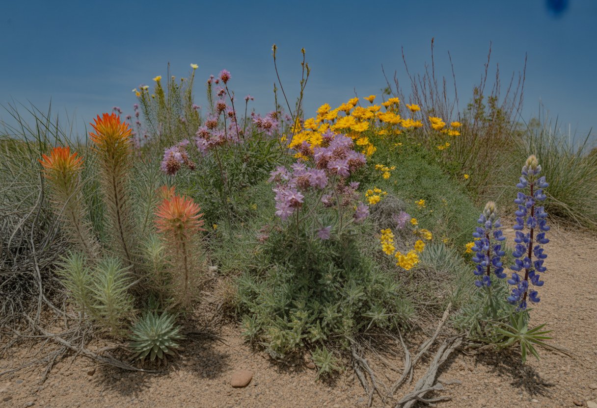 A variety of colorful drought-tolerant wildflowers growing in dry, rocky soil under a clear sky in New Mexico.