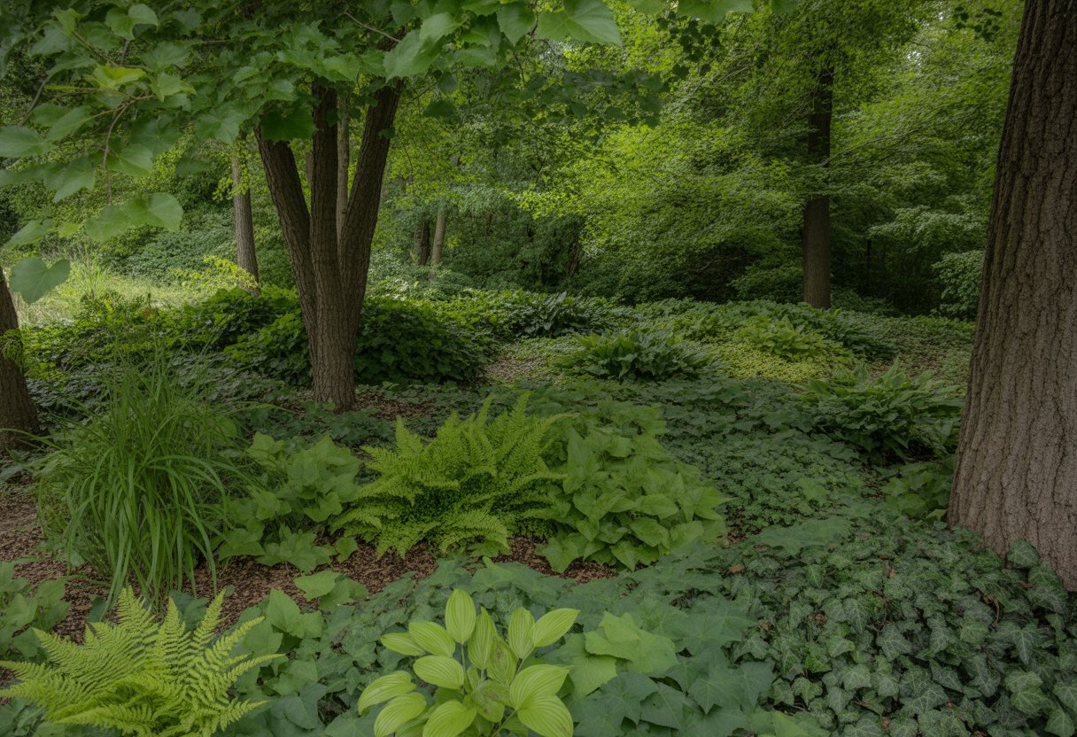 A shaded garden area in Minnesota with various green ground cover plants growing under tall trees.