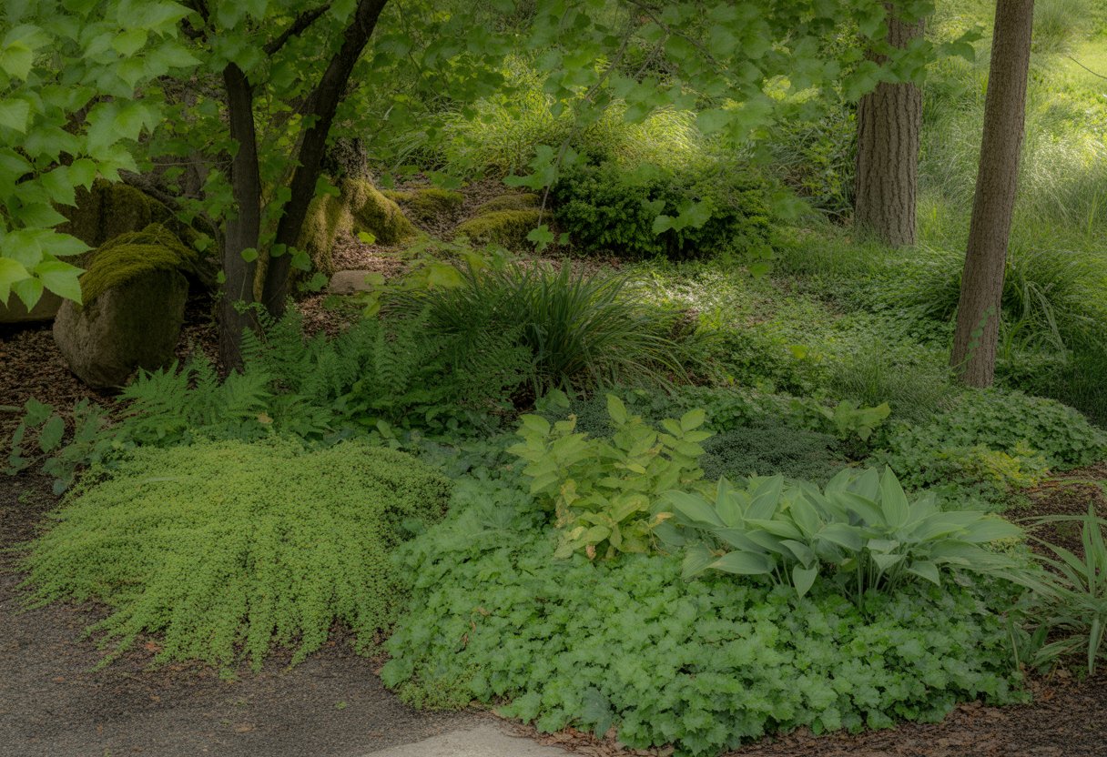 A shaded garden scene in Minnesota with various green ground cover plants growing under tall trees and soft sunlight filtering through the leaves.