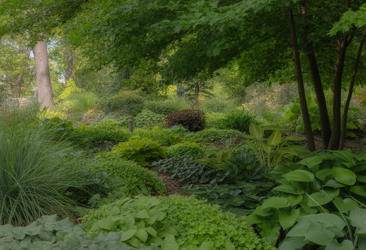 A shaded garden area under tall trees densely covered with various green ground cover plants and ferns.