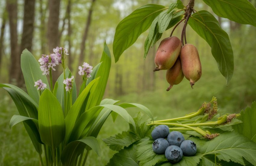 Close-up of various edible native plants including ramps, pawpaw fruits, wild blueberries, and fiddlehead ferns in a forest setting.