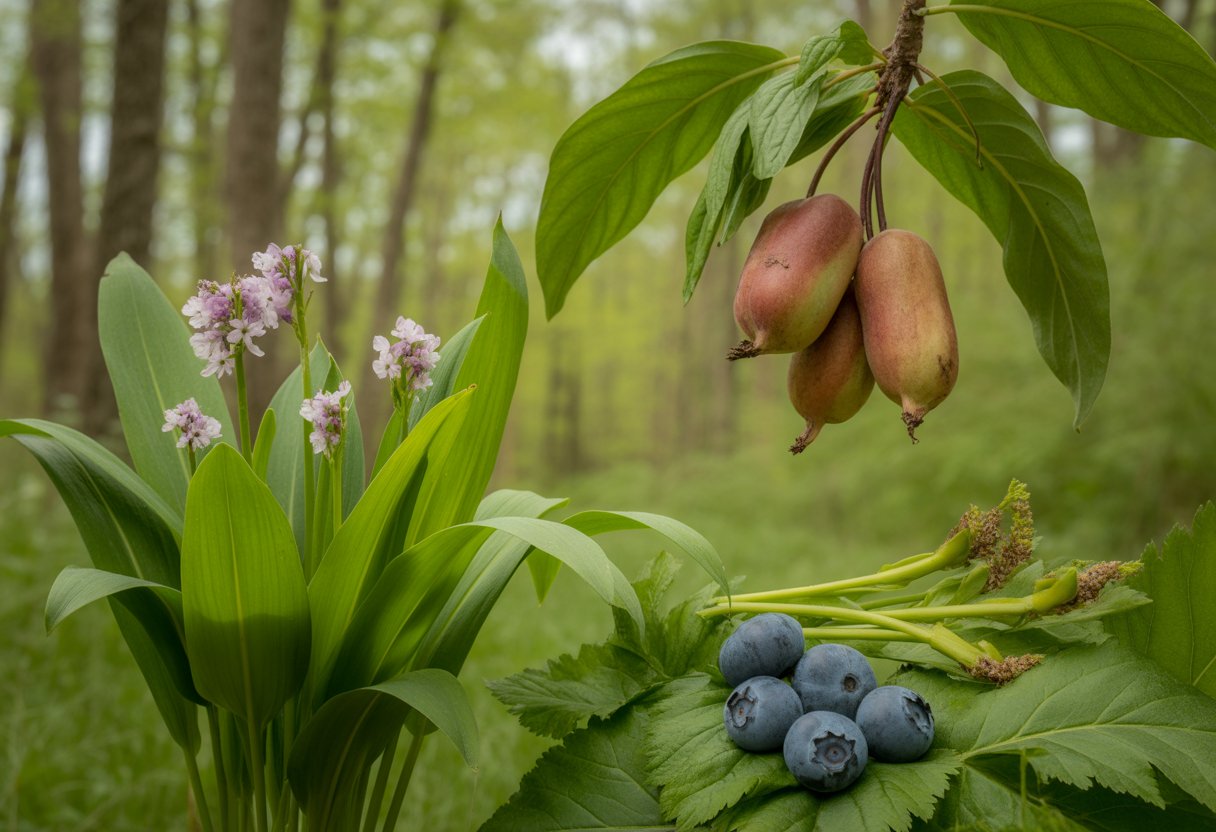 Close-up of various edible native plants including ramps, pawpaw fruits, wild blueberries, and fiddlehead ferns in a forest setting.