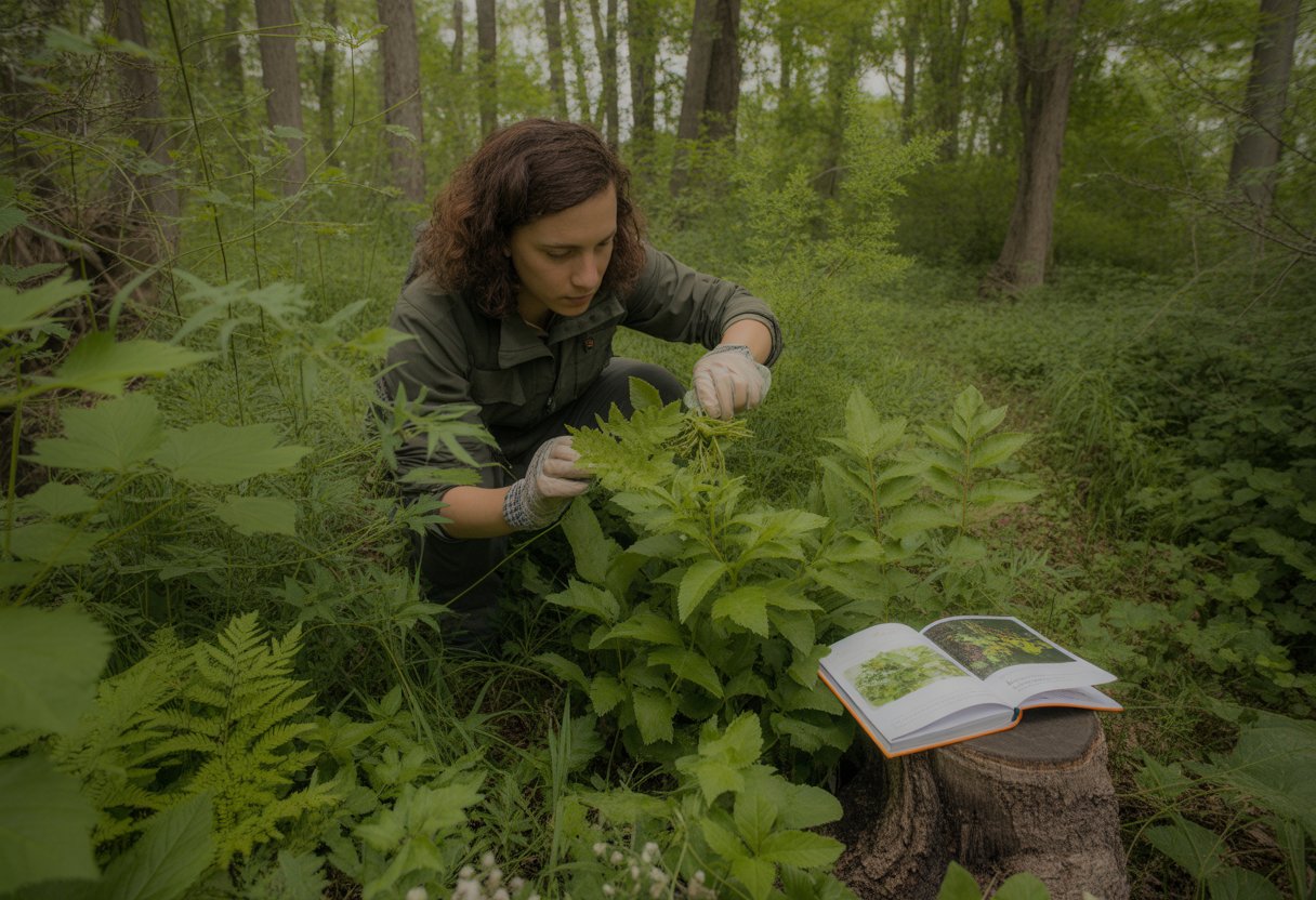 Person foraging for edible native plants in a Pennsylvania forest, examining plants with a field guide nearby.