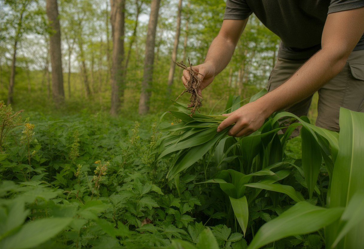 Hands harvesting edible native plants in a green Pennsylvania forest with trees and sunlight.