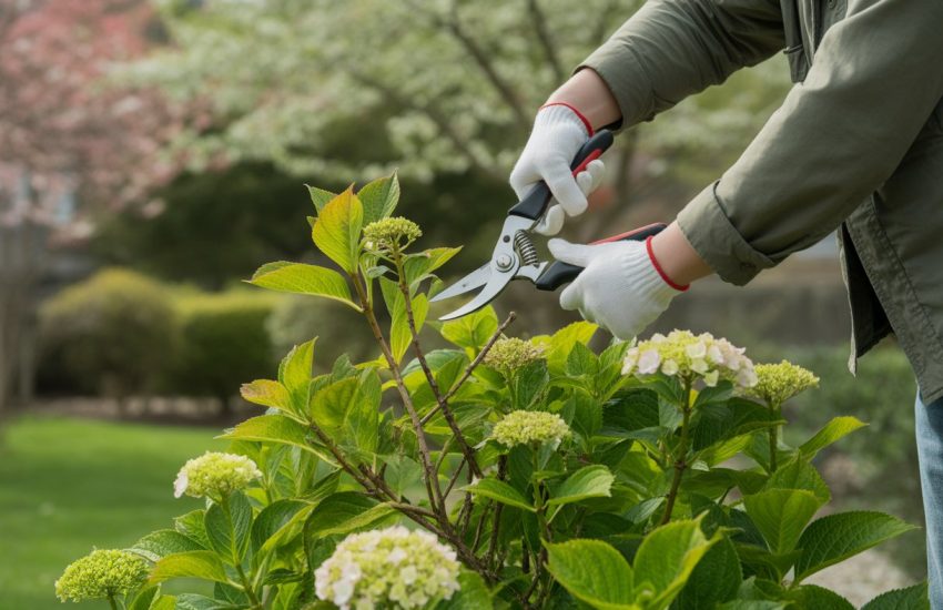 A person pruning a hydrangea shrub with pruning shears in a garden during early spring.