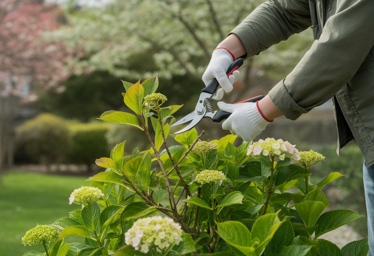 A person pruning a hydrangea shrub with pruning shears in a garden during early spring.
