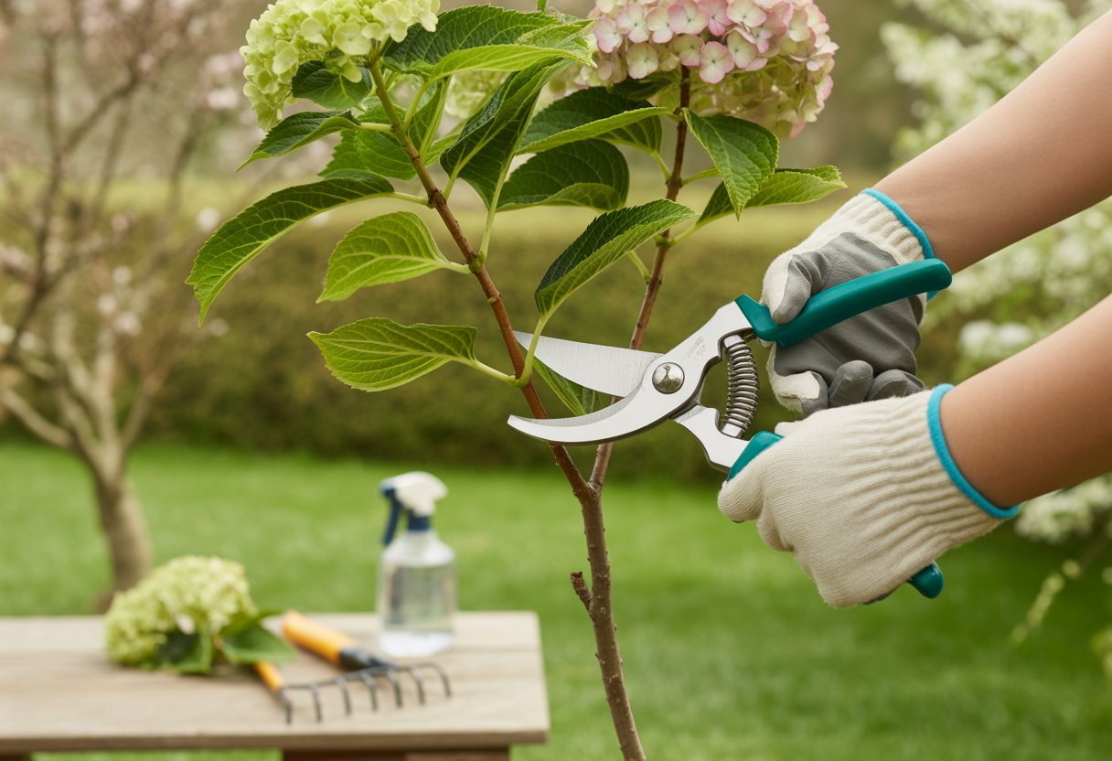 Close-up of hands pruning a blooming hydrangea plant with gardening shears in a sunny garden.