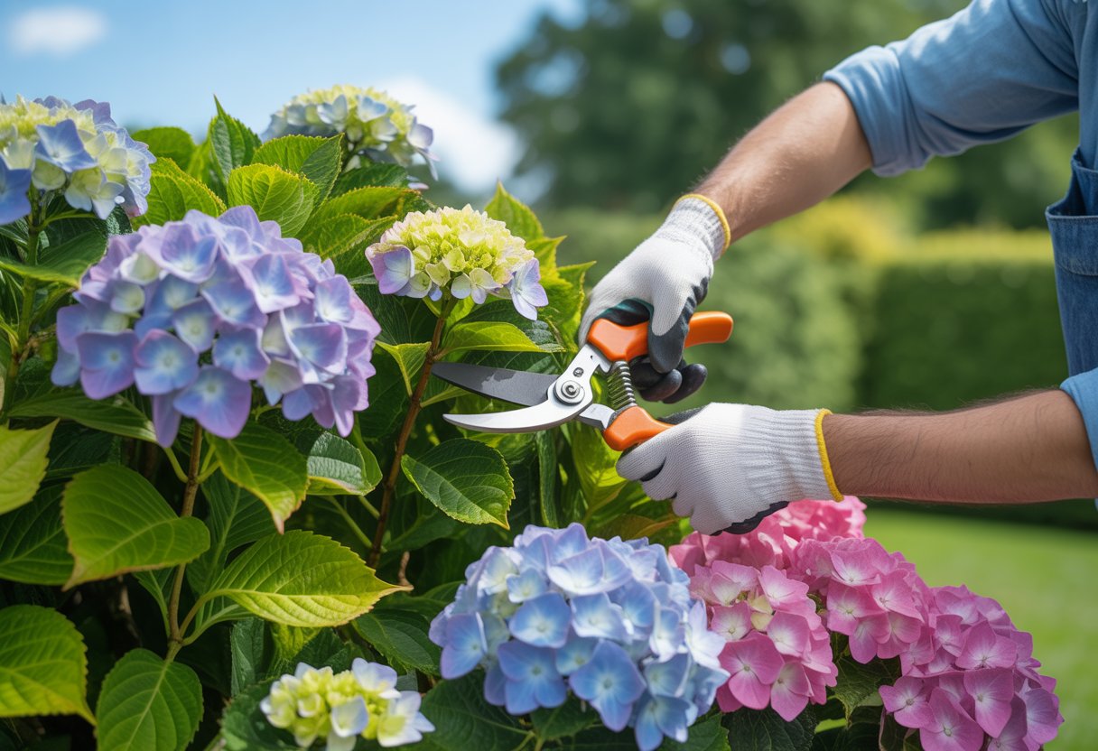 A gardener pruning healthy hydrangea bushes in a sunny garden during the best time of year.
