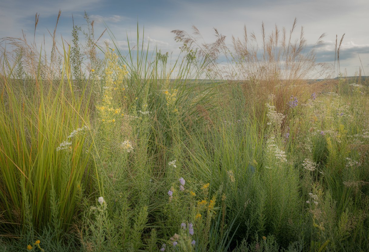 A prairie garden with tall native grasses and wildflowers under a clear sky with rolling hills in the background.