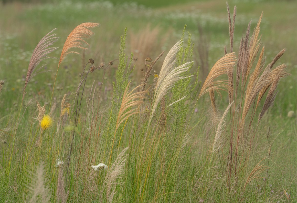A variety of native prairie grasses growing together in a natural outdoor setting under sunlight.