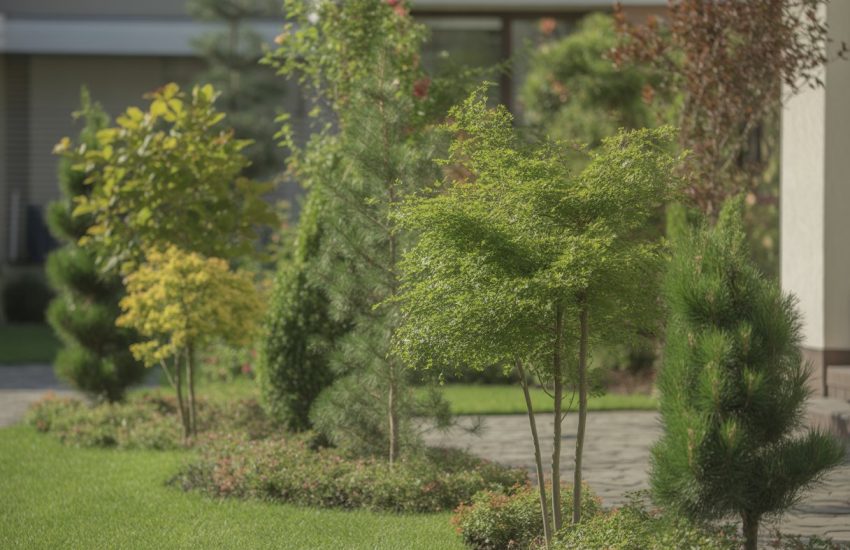 A yard with several small ornamental trees surrounded by a manicured lawn and flower beds, with a stone pathway and a house in the background.