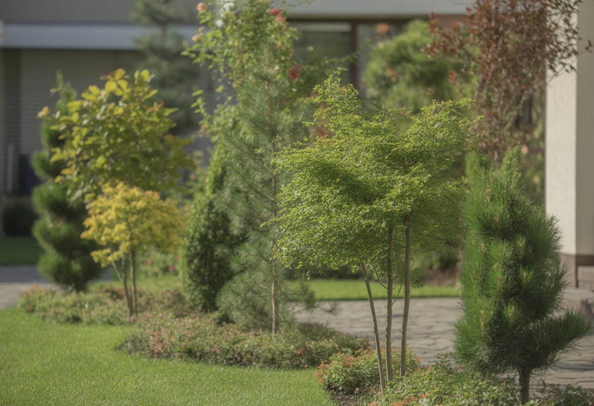 Small Ornamental Trees for Yards That Enhance Curb Appeal and Require Minimal Maintenance - PlantNative.org A yard with several small ornamental trees surrounded by a manicured lawn and flower beds, with a stone pathway and a house in the background.