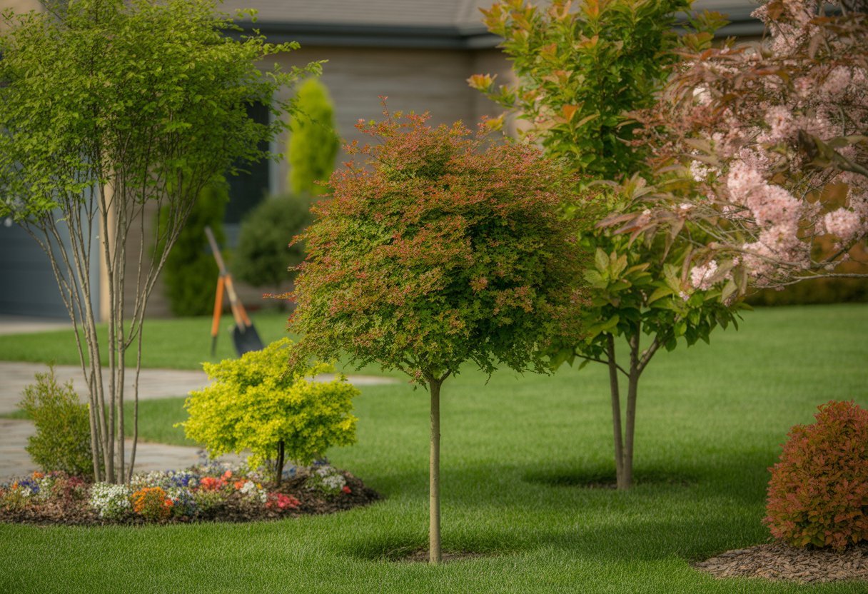 Small Ornamental Trees for Yards That Enhance Curb Appeal and Require Minimal Maintenance - PlantNative.org A residential yard with several small ornamental trees surrounded by green grass and colorful flowers, with a house visible in the background.