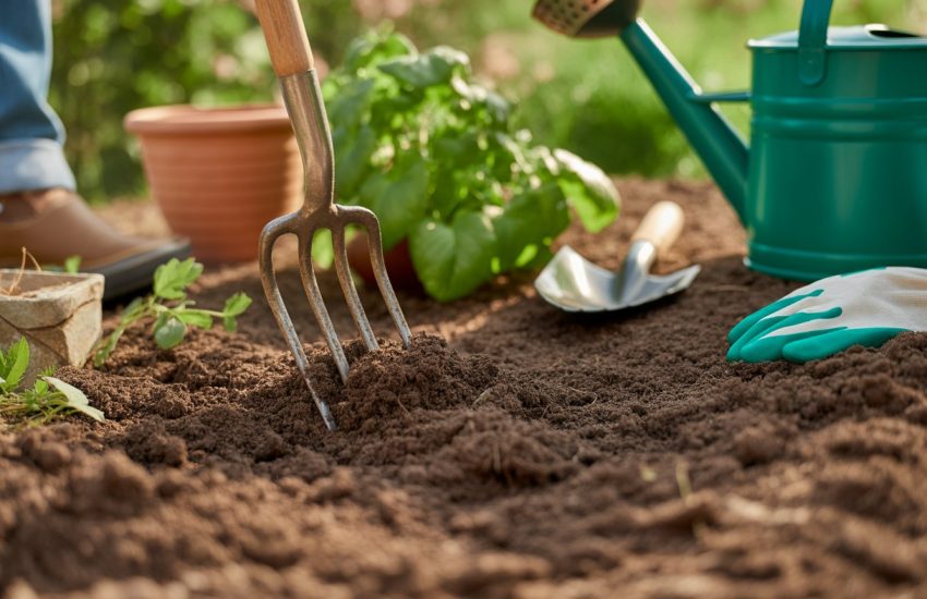 Close-up of hands working clay soil with garden fork and compost in a sunny garden setting with gardening tools nearby.