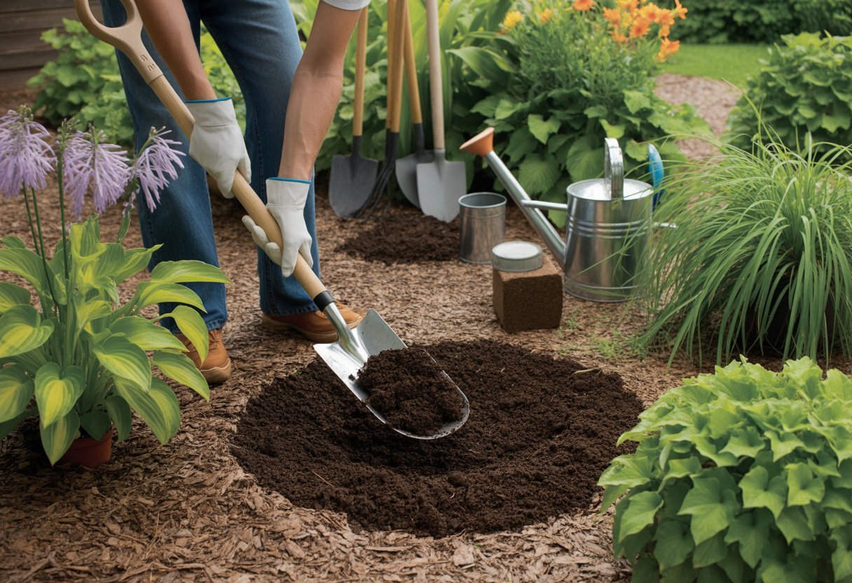 Soil Improvement Tips for Clay Soil: Effective Strategies for Better Drainage and Fertility - PlantNative.org A gardener mixing compost into clay soil surrounded by healthy plants in a garden with gardening tools nearby.