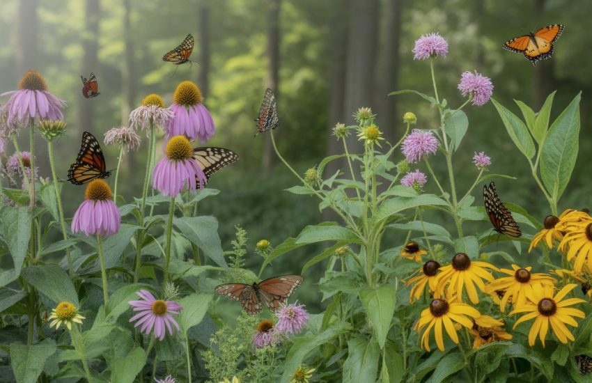 A butterfly garden with colorful flowers and several butterflies flying among the plants in a natural outdoor setting.