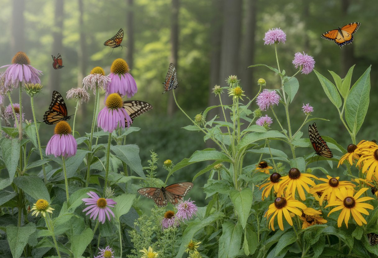 A butterfly garden with colorful flowers and several butterflies flying among the plants in a natural outdoor setting.