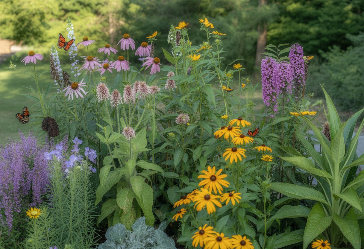 A butterfly garden in Tennessee with colorful native flowers and butterflies flying among them.