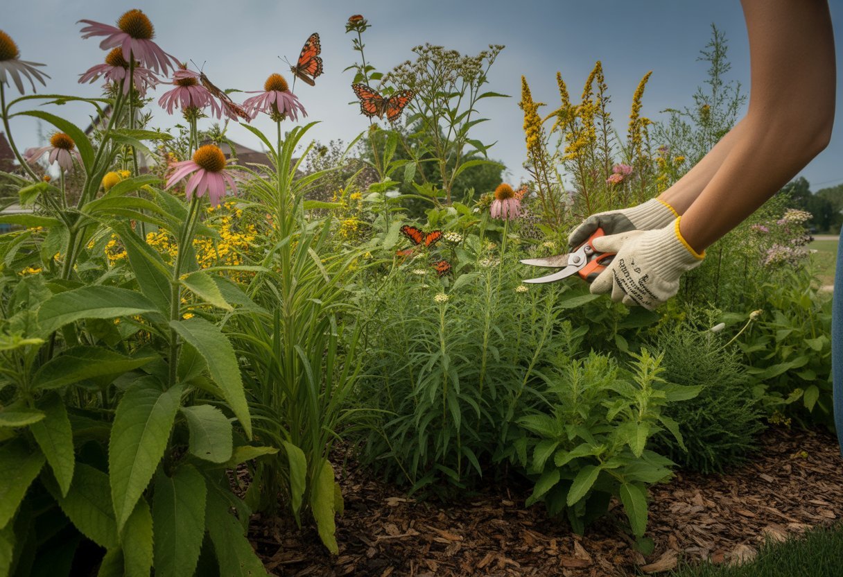 A gardener tending to blooming butterfly garden plants with butterflies flying among flowers in a sunny outdoor garden.