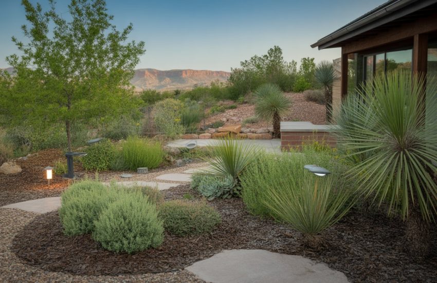 A residential garden in Utah with native drought-tolerant plants, stone pathways, rainwater barrels, and red rock formations in the background.