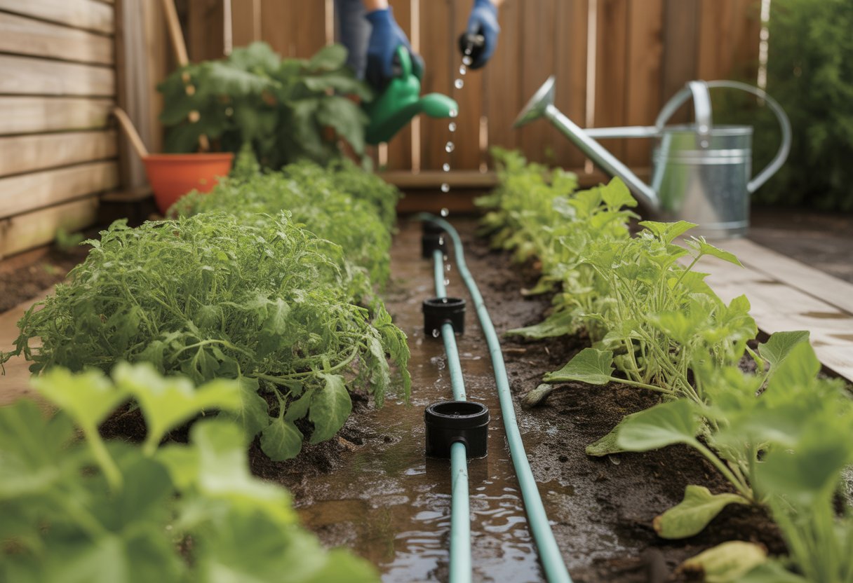 A garden with green plants being watered by a DIY drip irrigation system using black tubing and emitters.