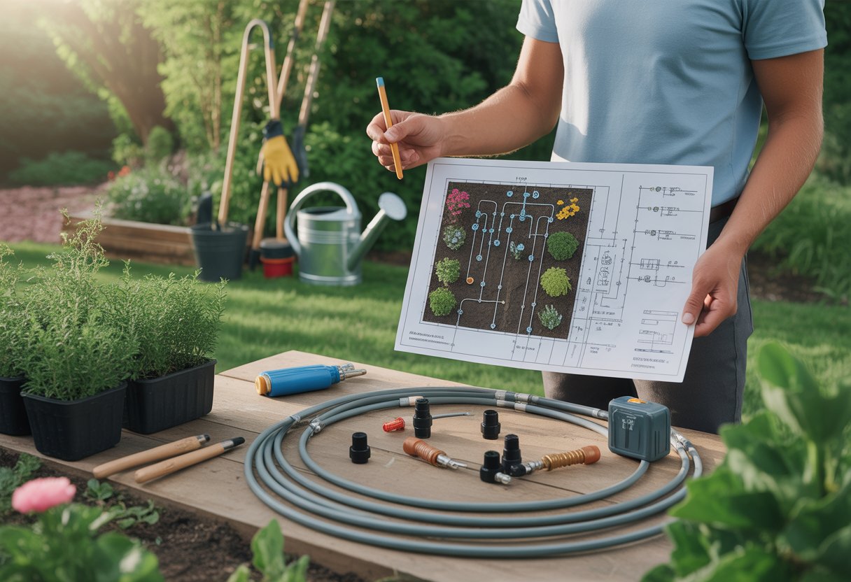 Person planning a drip irrigation system in a garden with plants, irrigation parts, and a garden layout on a wooden table.