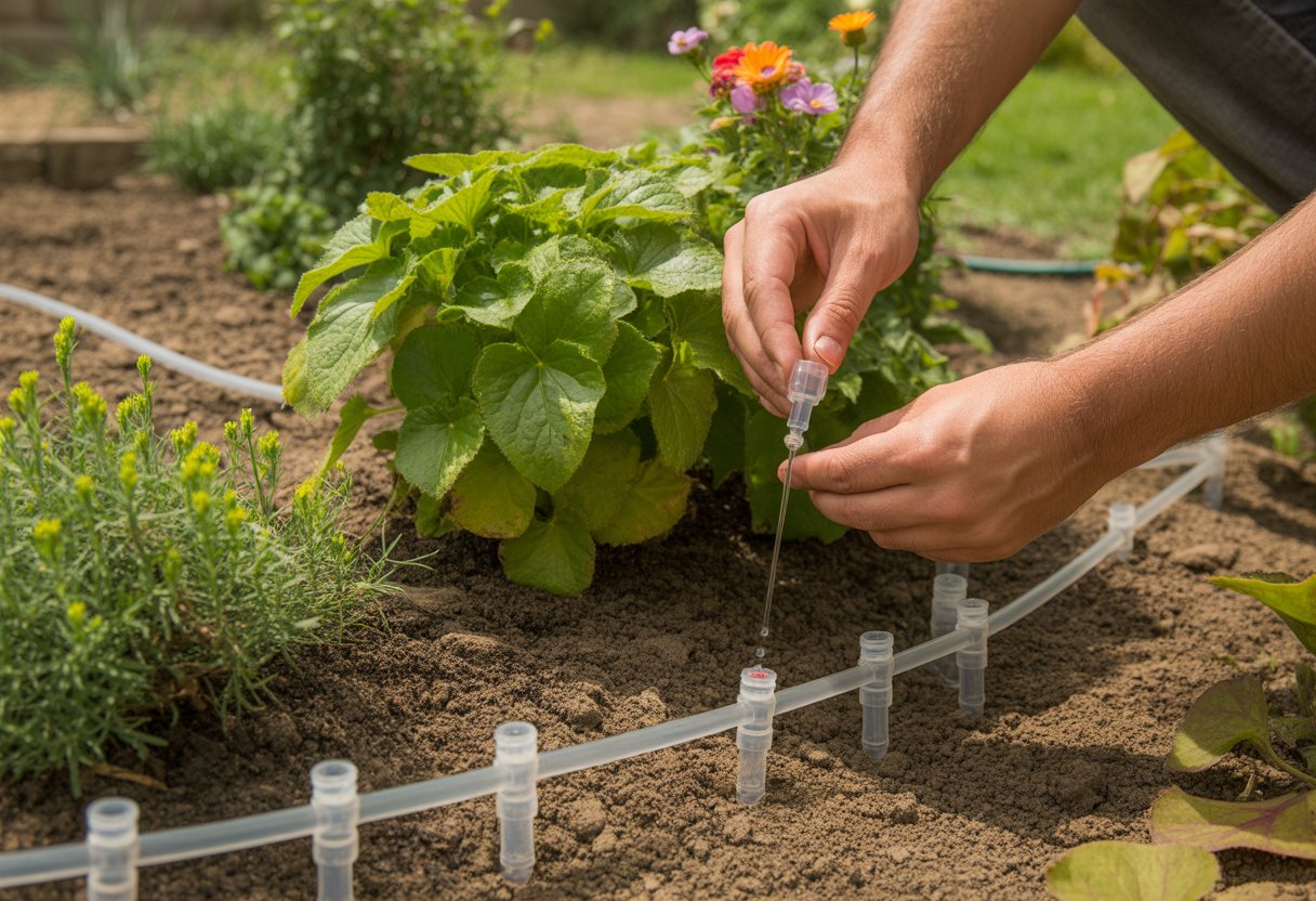 Hands installing and adjusting a drip irrigation system in a garden with green plants and flowers.
