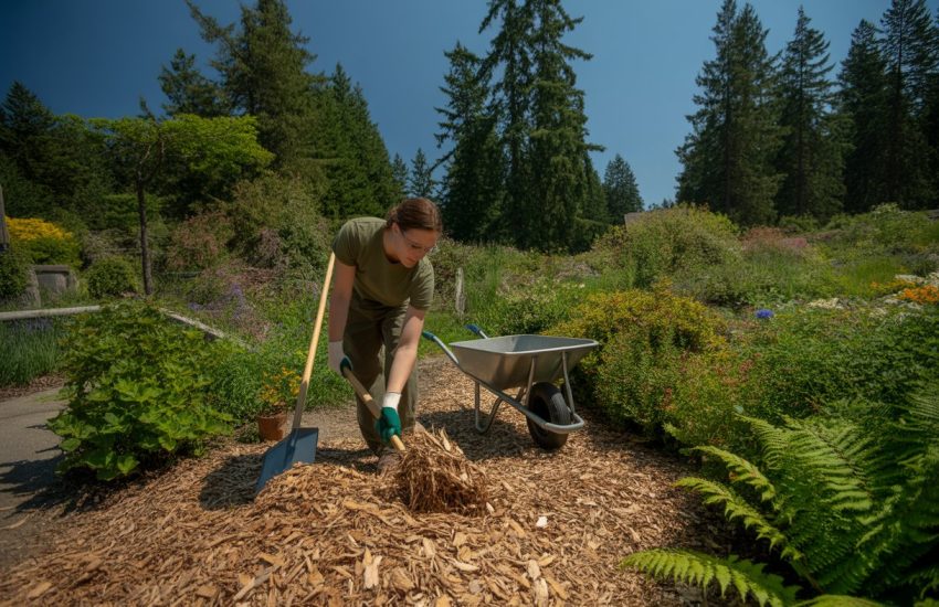 A person spreading wood chip mulch around native plants in a garden with trees in the background.
