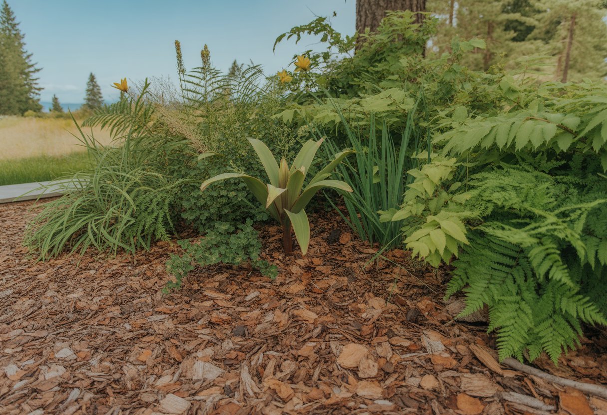 Mulching Native Gardens in Oregon for Healthier Soil and Water Conservation - PlantNative.org A close-up view of an Oregon native garden bed with green plants and fresh natural mulch under daylight.