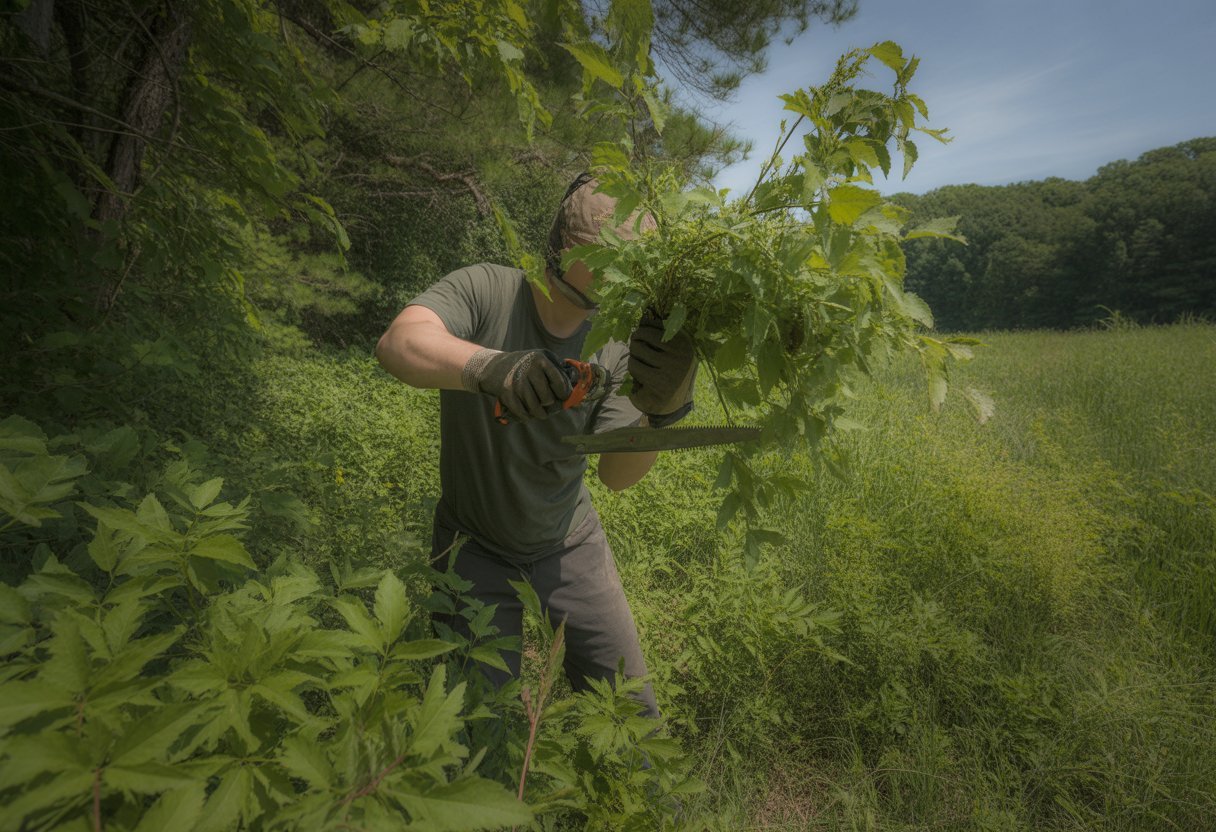 Removing Invasive Plants in Indiana: Effective Strategies for Restoration and Control - PlantNative.org Person removing invasive plants in a green forested area in Indiana using gardening tools.