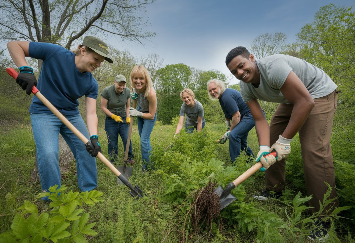 Removing Invasive Plants in Indiana: Effective Strategies for Restoration and Control - PlantNative.org A group of volunteers removing invasive plants outdoors in a green Indiana landscape.