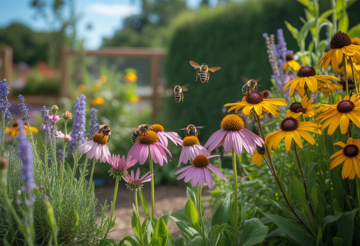 A garden filled with native flowers attracting bees that are pollinating the blossoms on a sunny day.