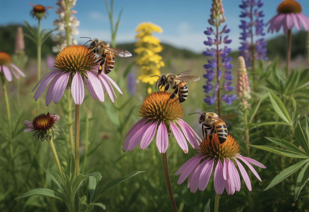 A sunlit meadow with colorful native flowers attracting several bees collecting nectar and pollen.